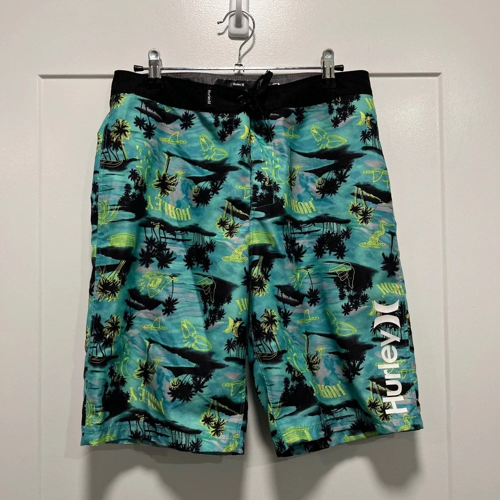 Hurley Board Shorts Mens 29 Teal Black Tropical Palm Shark Fin Swim Trunks